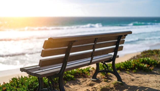 Park bench overlooking ocean waves at sunset