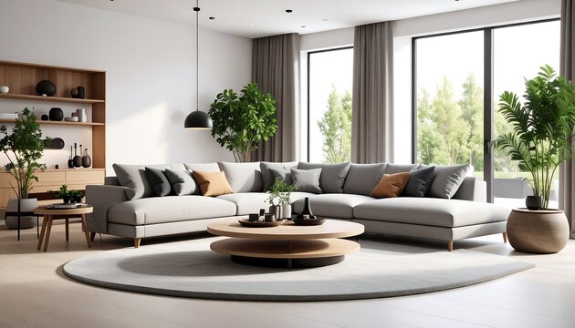 Modern living room with L-shaped sofa, large windows, and minimalist decor - Powered by Adobe