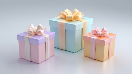 Obraz premium Three pastel colored gift boxes with ribbon bows arranged on a light gray surface