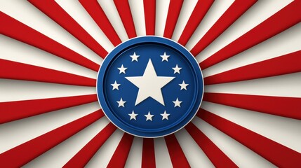 Patriotic star emblem in blue circle surrounded by radial red stripes emanates from a central point, showcasing American pride and national spirit artfully.