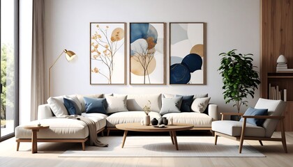 Modern living room with sectional sofa, wooden coffee table, and three abstract art prints