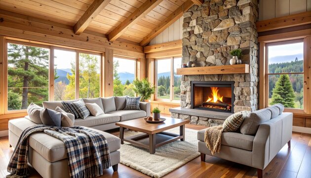 Cozy cabin living room with stone fireplace, wood ceiling, and mountain view. - Powered by Adobe