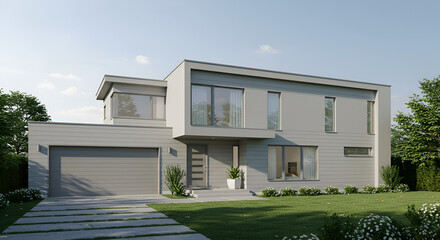 Contemporary two story house with clean lines and neutral color palette design