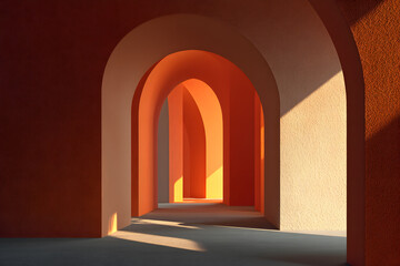 Fototapeta premium Serene Architectural Space with Arched Doorways and Warm Lighting