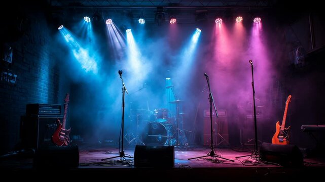 Stage setup for live music performance featuring electric guitars, microphones, and drum kit under colorful lighting with smoke effects creating an energetic atmosphere for an upcoming concert event