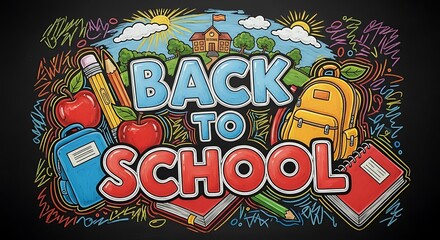 Fototapeta premium Back to School of Mother and pupil and kids holding hands going to school, Back To School - Books And Pencils With Rocket Sketch, pupils running through school corridor, little schoolboy with curly