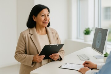 hispanic woman checking in at bright medical clinic reception holding clipboard, friendly expression, concept of appointment routine, cognitive health, alzheimer awareness