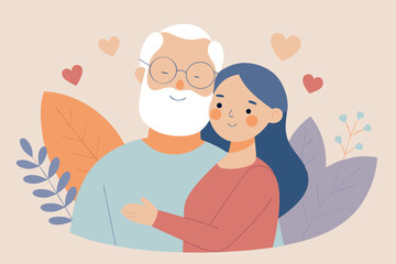 A granddaughter embraces her grandfather with love and affection