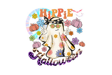 Hippie Halloween Ghost with Pumpkins and Floral Boho Style Sublimation Design isolated on transparent background