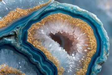 Close-up of Stunning Agate Geode with Golden Crystals and Stripes