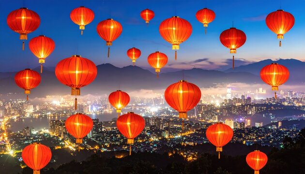 Floating red lanterns illuminate a vibrant cityscape at twilight, mountains in the distance