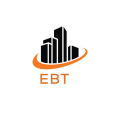 Fototapeta premium Modern Real Estate Building Logo with Urban Skyline and Orange Arc – EBT Construction or Property Brand Identity. 