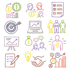 Business growth and teamwork icons, including charts and discussions
