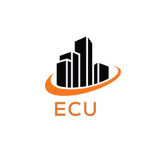 Modern Real Estate Building Logo with Urban Skyline and Orange Arc – ECU Construction or Property Brand Identity.
