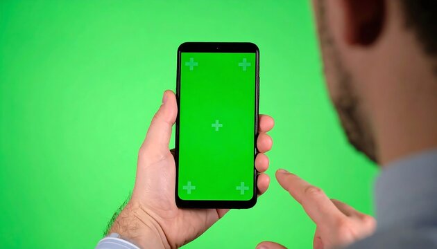 Person holding smartphone with green screen, pointing