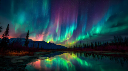 the northern lights glowing in green blue and purple hues across a dark night sky creating a magical and serene atmosphere with natural flowing motion