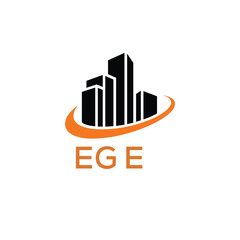 Fototapeta premium Modern Real Estate Building Logo with Urban Skyline and Orange Arc – EGE Construction or Property Brand Identity. 
