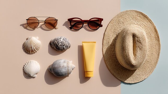 Beach vacation essentials including sunglasses seashells sunscreen and a straw hat