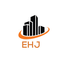 Modern Real Estate Building Logo with Urban Skyline and Orange Arc – EHJ Construction or Property Brand Identity.

