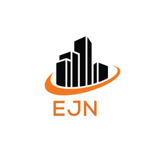 Modern Real Estate Building Logo with Urban Skyline and Orange Arc – EJN Construction or Property Brand Identity.
