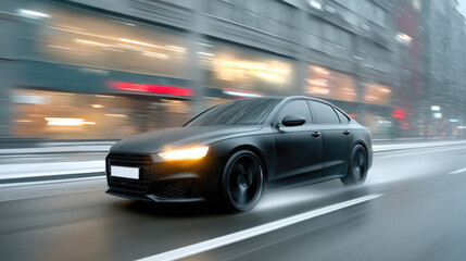 Sleek Black Car in Motion on Urban Street during Snowy Evening