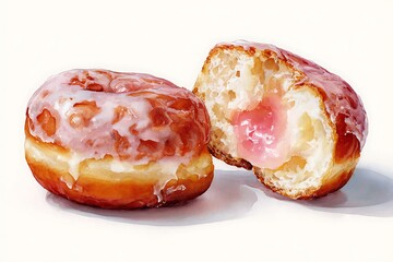Watercolor painting of two glazed jelly donuts, one sliced, showing pink filling.