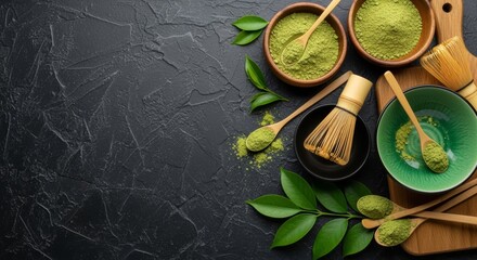 Exploring the Natural Concept of a Leaf Tea Ceremony: A Whipped Powder Dish Set Against a Serene Background