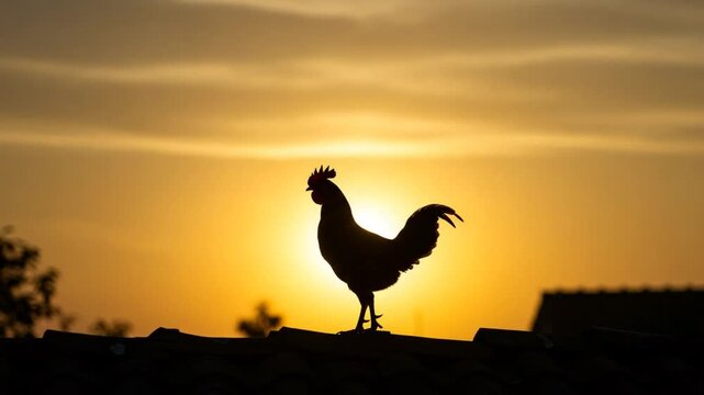 Silhouette of Rooster Crowing at Sunrise Over Rooftop.