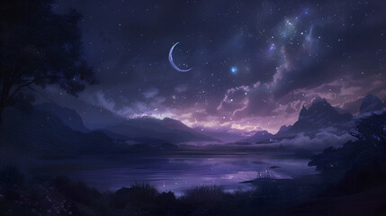 A dreamy nightscape with crescent moon stars clouds and a tranquil lake reflecting the celestial light
