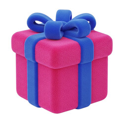 Vibrant pink gift box with blue ribbon and bow isolated on white background perfect for celebrations and special occasions