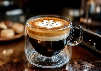 Artisan Latte Coffee with Beautiful Leaf Latte Art Served in Clear Glass Cup on Cozy Café Table