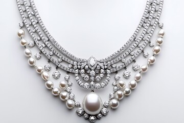 A multi-strand necklace adorned with sparkling diamonds and soft pearls.