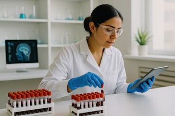 hispanic female lab assistant logging blood samples into tablet beside organized test tubes, bright clinical space, concept of cognitive biomarker research, alzheimer detection