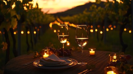 Imagine a romantic vineyard dinner setting, beautifully arranged with flickering candles and elegant wine glasses, all set against the breathtaking backdrop a sunset creating unforgettable experience