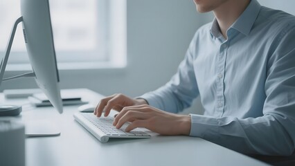 Person typing on a keyboard at a desk with a computer monitor in front