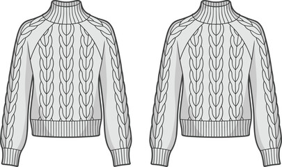 CAD drawing flat vector illustration of cable knit sweaters, high neckline design, ribbed hem and cuff details, cozy winter fashion styling, front view garment layout template