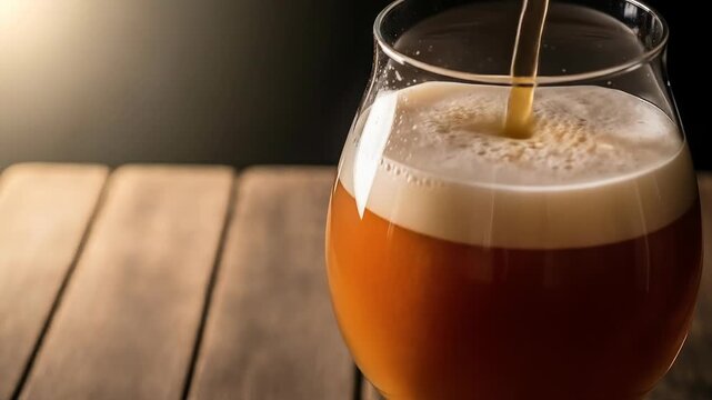 Pouring fresh craft beer into a snifter glass on a rustic wooden table with copy space