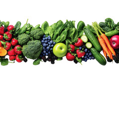 Assorted fresh fruits and vegetables arranged in horizontal line, colorful, vibrant composition on transparent background ©  图像