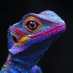 Naklejka premium Close up portrait of vibrant colorful lizard detailed reptile macro photography striking scales exotic wildlife tropical species stunning texture natural habitat extreme closeup vivid pattern intricat