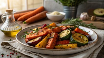 Colorful Roasted Vegetables on a Rustic Table in Soft Morning Light - Farmhouse Style Dish