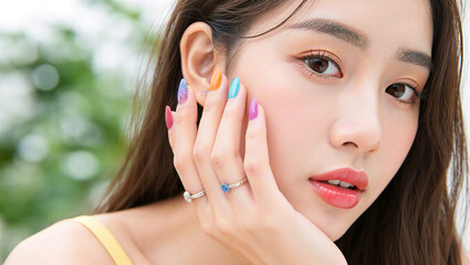 Young oriental woman showing her colorful nails