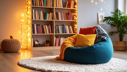 Cozy reading nook with teal beanbag chair, colorful pillows, and warm string lights