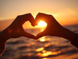 Hands Making Heart Shape at Sunset Seaview, Romantic Love & Travel Memory Scene Material