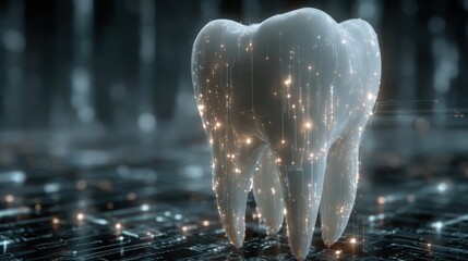 Digital representation of a tooth illuminated in a futuristic environment showcasing dental health and technology