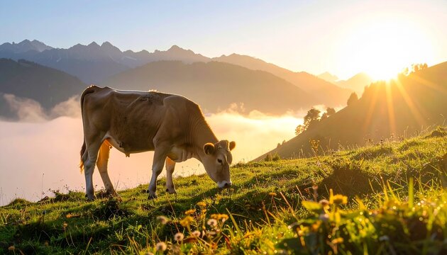 A cachena cow grazing on a misty hillside, dew on its fur, lit by soft dawn light