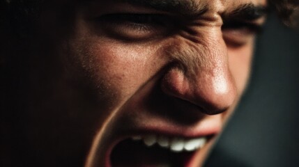 Obraz premium Young man expressing intense emotion while shouting in a dimly lit space during a dramatic moment