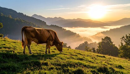 A cachena cow grazing on a misty hillside, dew on its fur, lit by soft dawn light