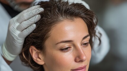 Fototapeta premium Woman receiving treatment for alopecia in a calm salon environment during the day