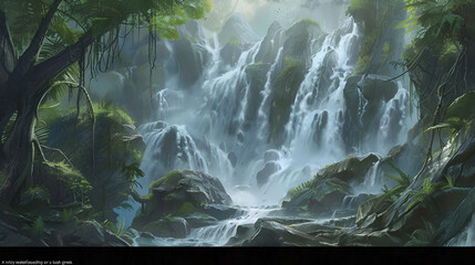 A scenic waterfall cascading down mossy rocks surrounded by lush green trees in a misty environment