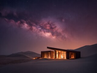 Fototapeta premium Ai generated image of modern cabin illuminated under the vast milky way galaxy in the desert